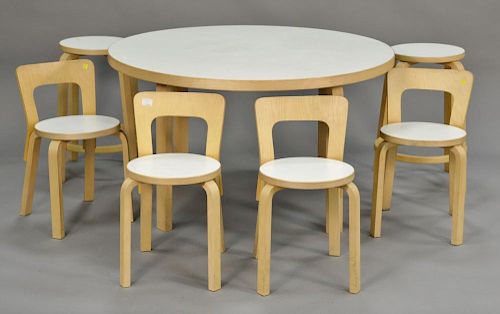 Seven piece Alvar Aalto lot including white laminate top table, four chairs, two stools, made in Finland signed ICF. table: ht. 28 i...