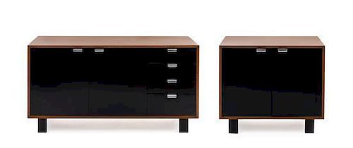 Two George Nelson Walnut and Lacquered Basic Series Cabinets, Height of first 29 7/8 x width 58 1/4 x depth 19 1/2 inches.
