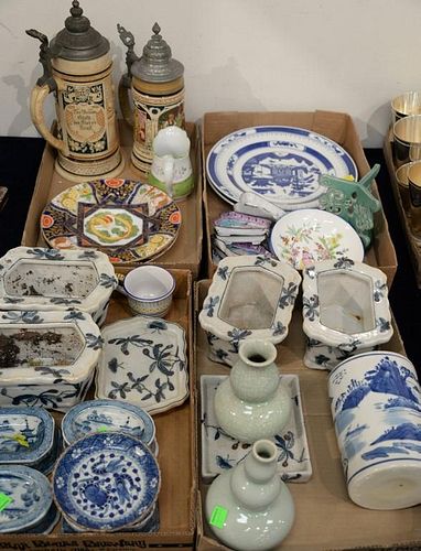Four box lots of porcelain and china to include Oriental blue and white, two steins, vases, etc.