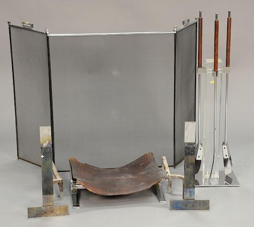 Alessandro Albrizzi lucite and chrome firelplace set to include andirons, tools, log holder, and a screen.