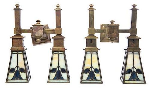 A Pair of American Arts and Crafts Brass and Leaded Glass Two-Light Sconces, attributed to Bradley and Hubbard, Height overall 1