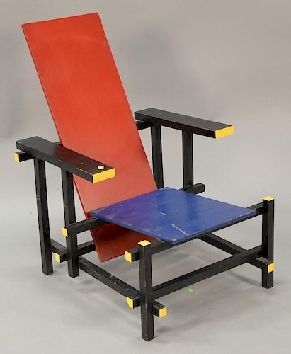 After Gerrit Rietveld (1888-1964) red, blue, and yellow lacquered wood chair.