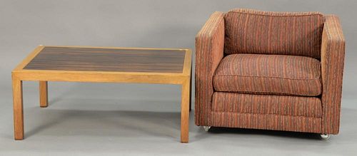 Mid-Century coffee table with exotic wood center and large upholstered armchair, modern box design. table: ht. 17 1/2 in.; top: 30" ...