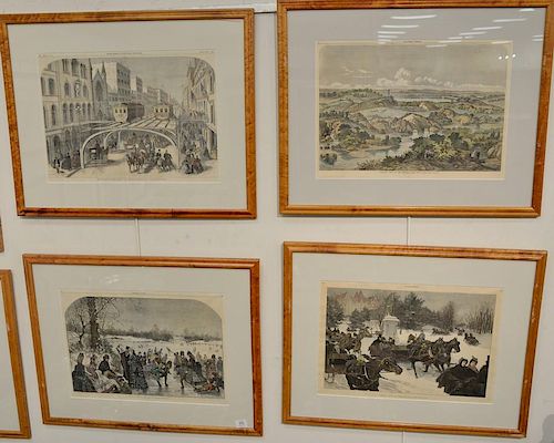 Set of six Harper's Weekly double page hand colored lithographs including Skating Central Park, Broadway Railroad, Docks New York Ci...