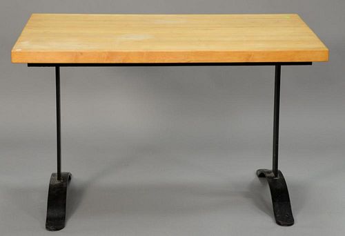 Butcher block table with iron base. ht. 30 in.; top: 30" x 48"
