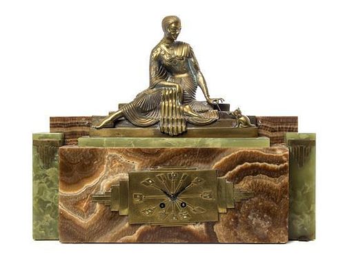 * An Art Deco Brass and Onyx Figural Mantel Clock, Height 16 1/2 x width 20 1/2 inches.