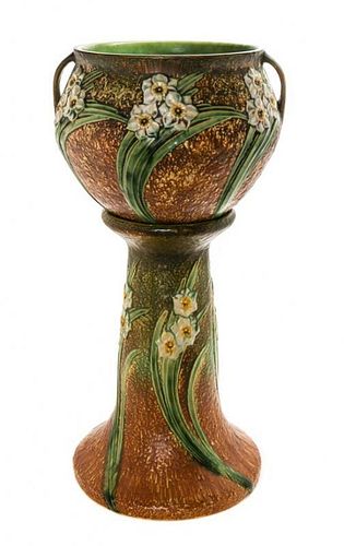 * A Roseville Pottery Jardiniere and Pedestal, Height overall 28 1/2 inches.