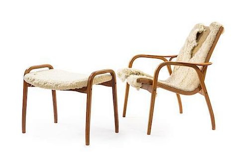 * A Yngve Ekstrom Beech Lamino Lounge Chair and Ottoman, Height of chair 30 3/4 inches.