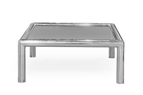 A John Mascheroni Aluminum Low Table, Height 17 x width 42 x depth 42 inches.