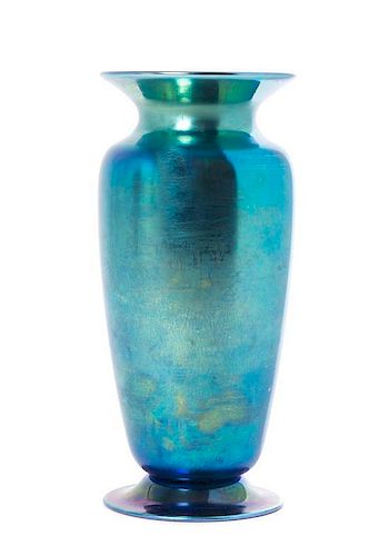 A Steuben Blue Aurene Glass Vase, Height 9 3/4 inches.