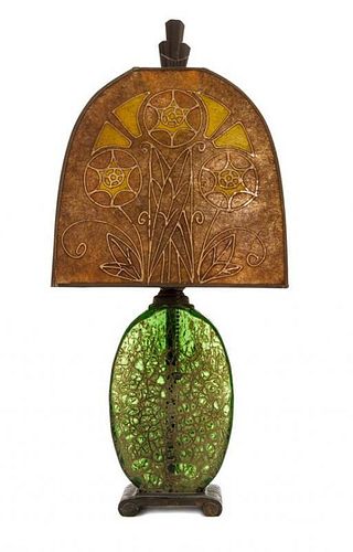 A French Art Deco Mica and Glass Table Lamp, Height 18 inches.