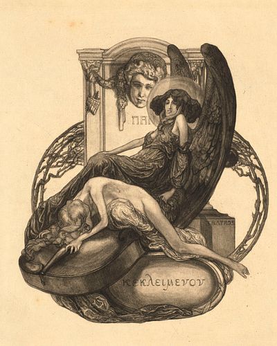 Bayros, Franz von Ex-Libris. Folge von 12 tls. erotischen Heliogravüren. Wien, Ludwig, 1911. Gr.-8°. 1 Doppelbl. Titel u. Inhalt, 12 Taf. (ca. 19 x 15