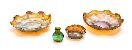 * Three Tiffany Studios Gold Favrile Glass Table Articles, Diameter of first 6 inches.