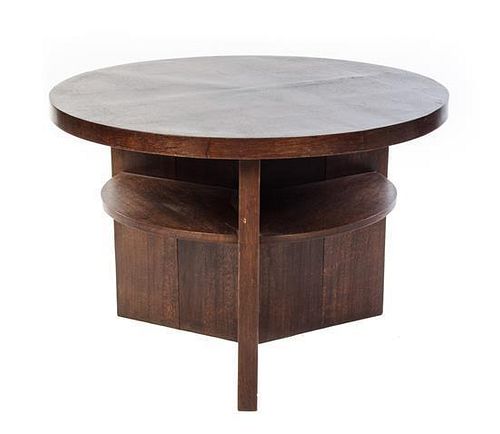 An Art Deco Style Oak Low Table, Height 26 3/4 x diameter 38 inches.