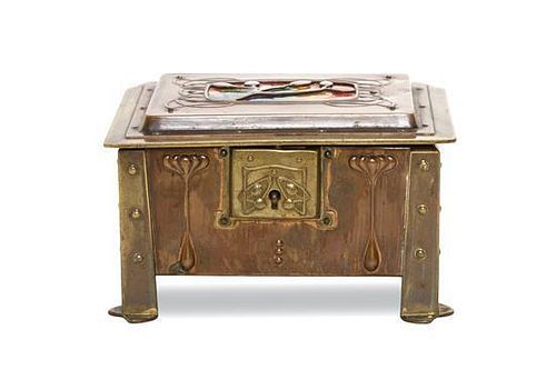 An Arts and Crafts Enameled Copper and Brass Table Casket, Height 3 x width 5 1/8 x depth 3 7/8 inches.