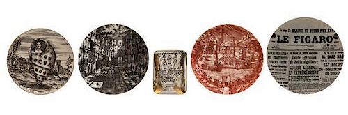 Four Piero Fornasetti Porcelain Plates, Diameter of largest 10 1/4 inches.
