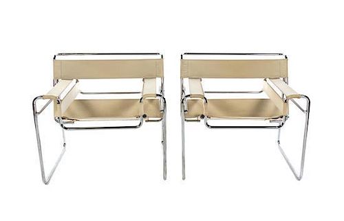 A Pair of Marcel Breuer Chromed and Leather Wassily Chairs, Height 28 3/4 inches.
