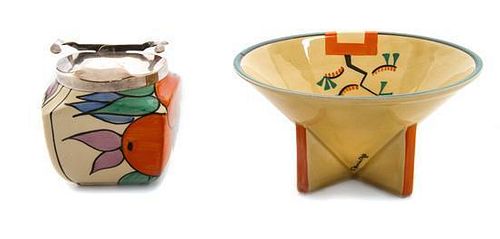 Two Clarice Cliff Bizarre Ware Pottery Table Articles, Height of first 3 1/2 inches.