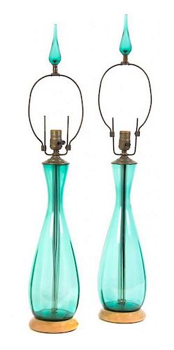 A Pair of Blenko Glass Table Lamps, Height overall 33 inches.