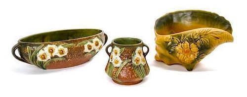 * Three Roseville Pottery Articles, Width of first 12 3/8 inches.