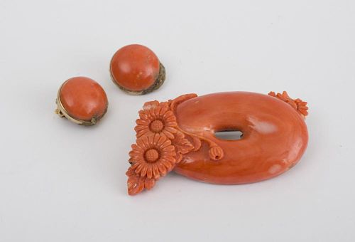 Carved Coral Pin and Pair of Earclips