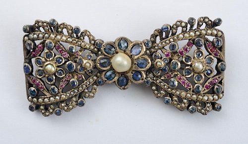 Silver, Gold, Sapphire, Ruby and Seed Pearl Bow Pin