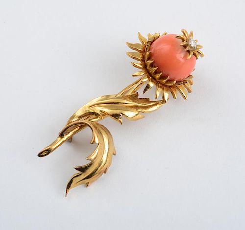 18k Gold, Coral and Diamond Flower Pin, Tiffany & Co., Jean Schlumberger