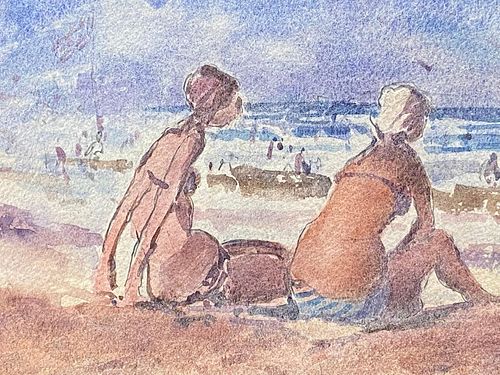 MAURICE MAZEILIE- FRENCH IMPRESSIONIST SIGNED WATERCOLOUR - Girls Sunbathing