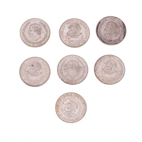 Siete monedas Hidalgos de plata .720. Peso: 195.1 g.