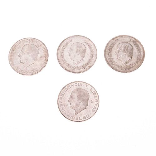 Cuatro monedas Hidalgos en plata .720. Peso: 113.3 g.