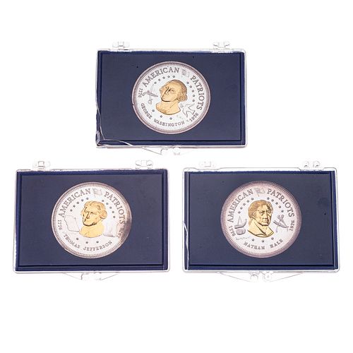 Tres monedas en plata de presidnetes Thomas Jefferson, Nathan Hale, George Washington. 75.2 g.