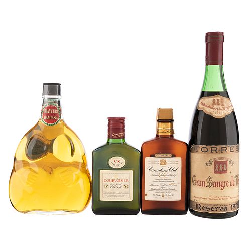 Lote de Vino Tinto. Licor, Cognac y Whisky. Guaycura. Canadian Club. En presentaciones de 200 ml. y 750 ml. Total de piezas: 4.