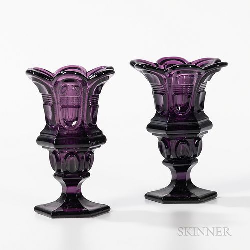 Pair of Small Amethyst Pressed Glass Vases/Urns