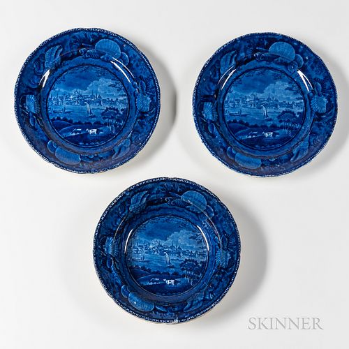 Two Staffordshire Historical Blue Transfer Decorated "City of Albany, State of New York" Plates and a Soup Plate