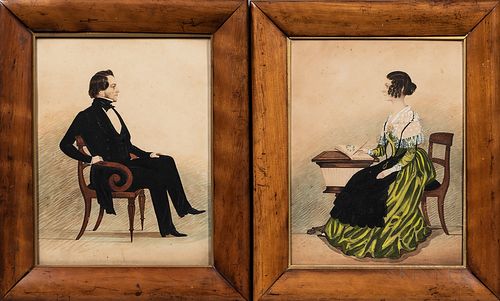 Pair of Watercolor Portraits of a Man and a Woman