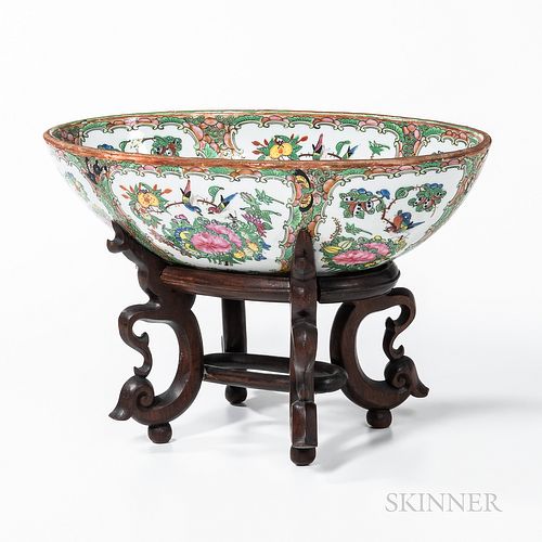 Oval Famille Rose Export Porcelain Basin and Wood Stand