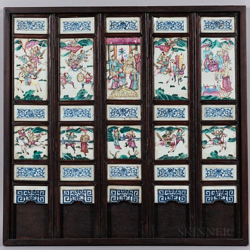 Framed Five Panel Export Porcelain and Wood Table Screen