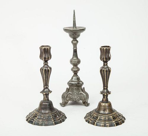 Pair of French Punchwork Brass Candlesticks and a Pewter Tripod Pricket Stick