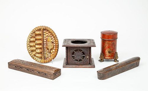 Two Dutch Carved or Painted Wood Pen Boxes, a Walnut Warming Box, a Giltwood Oval Plaque with Seahorse-Relief, and a French Tôle Peinte Tripod Box an
