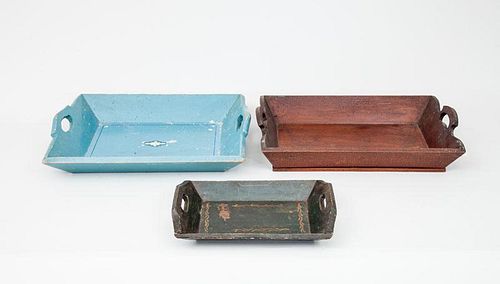 English Mahogany Tray, Small Green Painted Dutch Wooden Tray, and a Large Blue Painted Wooden Tray