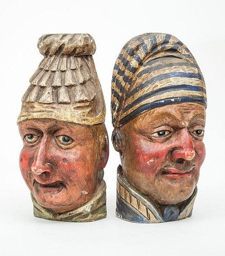 Two French Carved Wood Gaming Heads