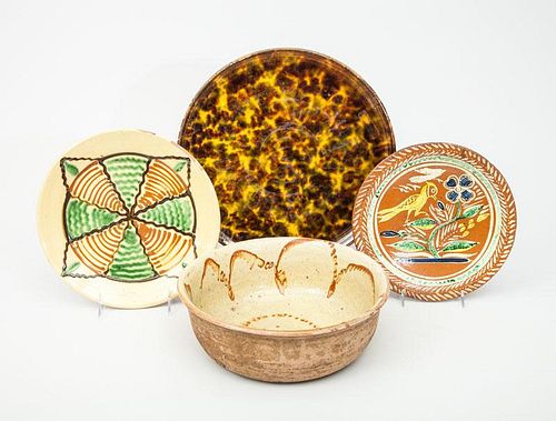 French Tortoiseshell-Glazed Earthenware Plate, a Slipware Plate with Bird, an Earthenware Bowl, and Another Plate