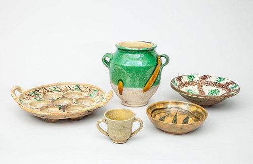 Dutch Spongeware Two-Handled Egg Tray, Green-Glazed Earthenware Two-Handled Jar, Two Bowls and a Cup