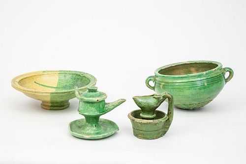 French Pottery Strainer, a French Pottery Oil Lamp, Dutch Pottery Oil Lamp, and a Pottery Footed Bowl