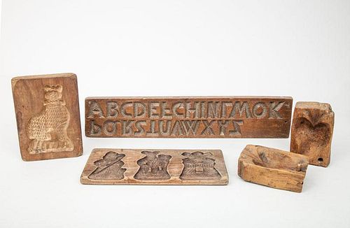 French Intaglio Carved Walnut Alphabet Mold, a Cat Mold, a Figure and Windmill Mold and a Two-Part Heart Mold