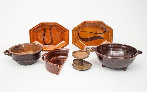 Two Redware Octagonal Platters, an Earthenware Oil Lamp, Two Brownware Bowls, and an Apple Scoop