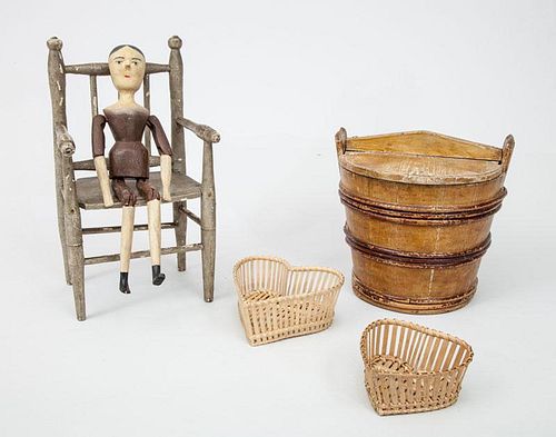 Bentwood-Banded Pine Bucket and Cover, a Dutch Miniature Stick-Back Armchair, a Painted Articulated Wood Doll and Two French Heart-Shape Reed Baskets