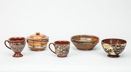 Two Sarreguemines Agateware Mugs, Two Earthenware Bowls, and a Covered Bowl