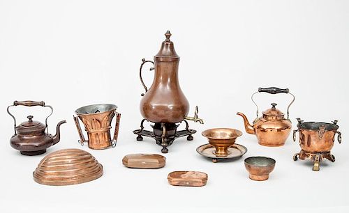 Dutch Copper Tripod Coffee Urn on Stand, Two Tea Pots, a Stand, Two Molds, Two Octagonal Boxes, Two Bowls, and a Jelly Mold