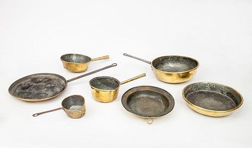 Five Dutch Brass Cooking Articles, a Flemish Brass Pan, and a Small French Brass Sauce Pan